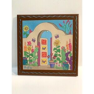 Vtg Gale Tu-oti  Decorative Tile Southwestern Artist Garden Flowers Open Gate